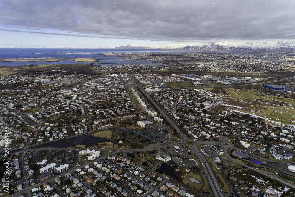 Aerial of Hafnarfjordur and Reykjavik city