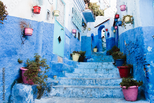 Blue Alley with Flower Pots in Medina, Chefchaouen, Moroco © Matt