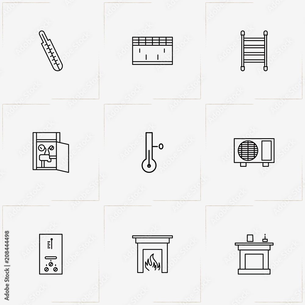 Φωτογραφία House Climate line icon set with thermometer, fireplace and air conditioner