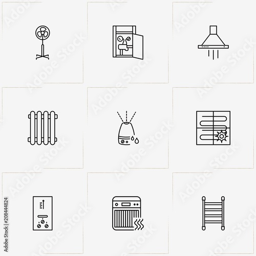 House Climate line icon set with hatch door, humidifier and towel dryer