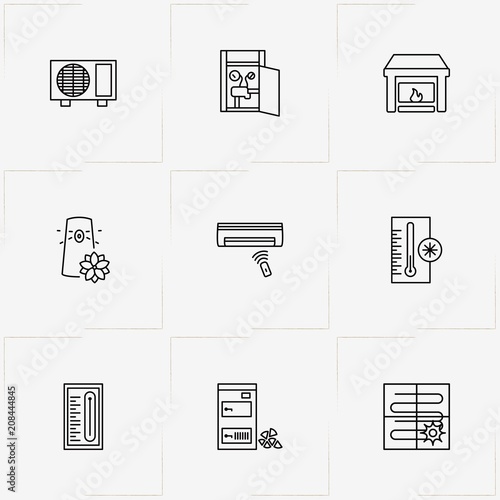 House Climate line icon set with air conditioner, hatch door and air freshener