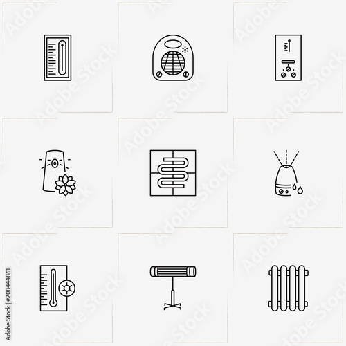 House Climate line icon set with thermometer, heater electric stand  and air freshener