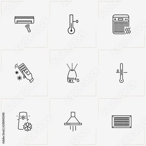 House Climate line icon set with thermometer, humidifier and air freshener