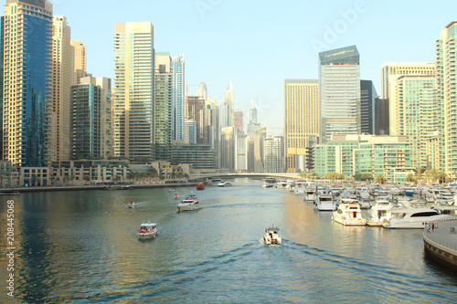 United Arab Emirates. Dubai Marina Canal. Beautiful view. Panorama of the city. Background.