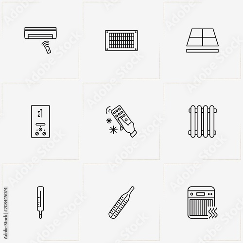 House Climate line icon set with air exhaust, heating battery  and warm floor