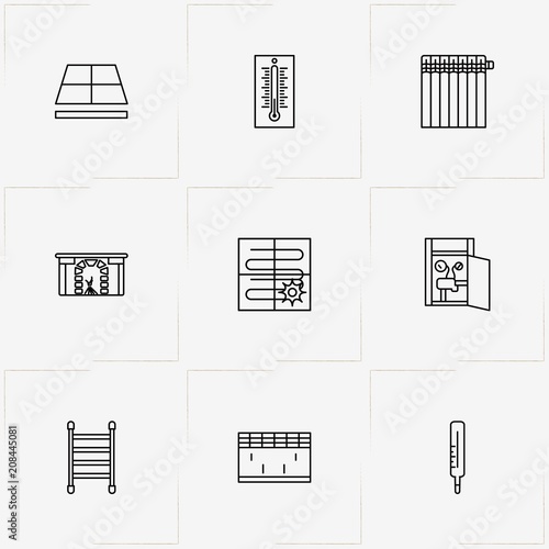 House Climate line icon set with air conditioner, hatch door and thermometer
