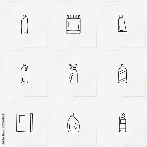 Household Chemicals line icon set with household chemicals, sponge and cabinet for chemicals