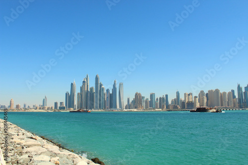 View of Jumeirah beach from Palma. United Arab Emirates. Area Dubai Marina. Skyscrapers. Panorama. Background.