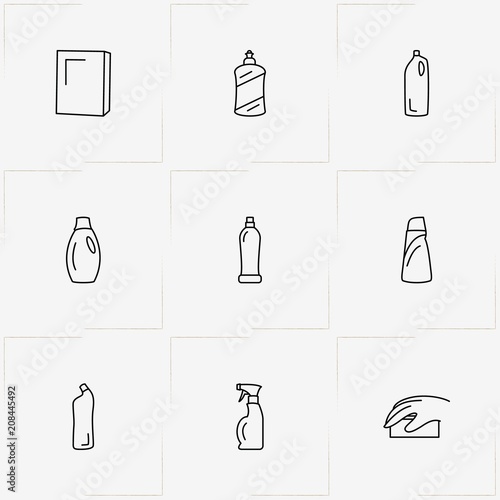 Household Chemicals line icon set with sponge and household chemicals