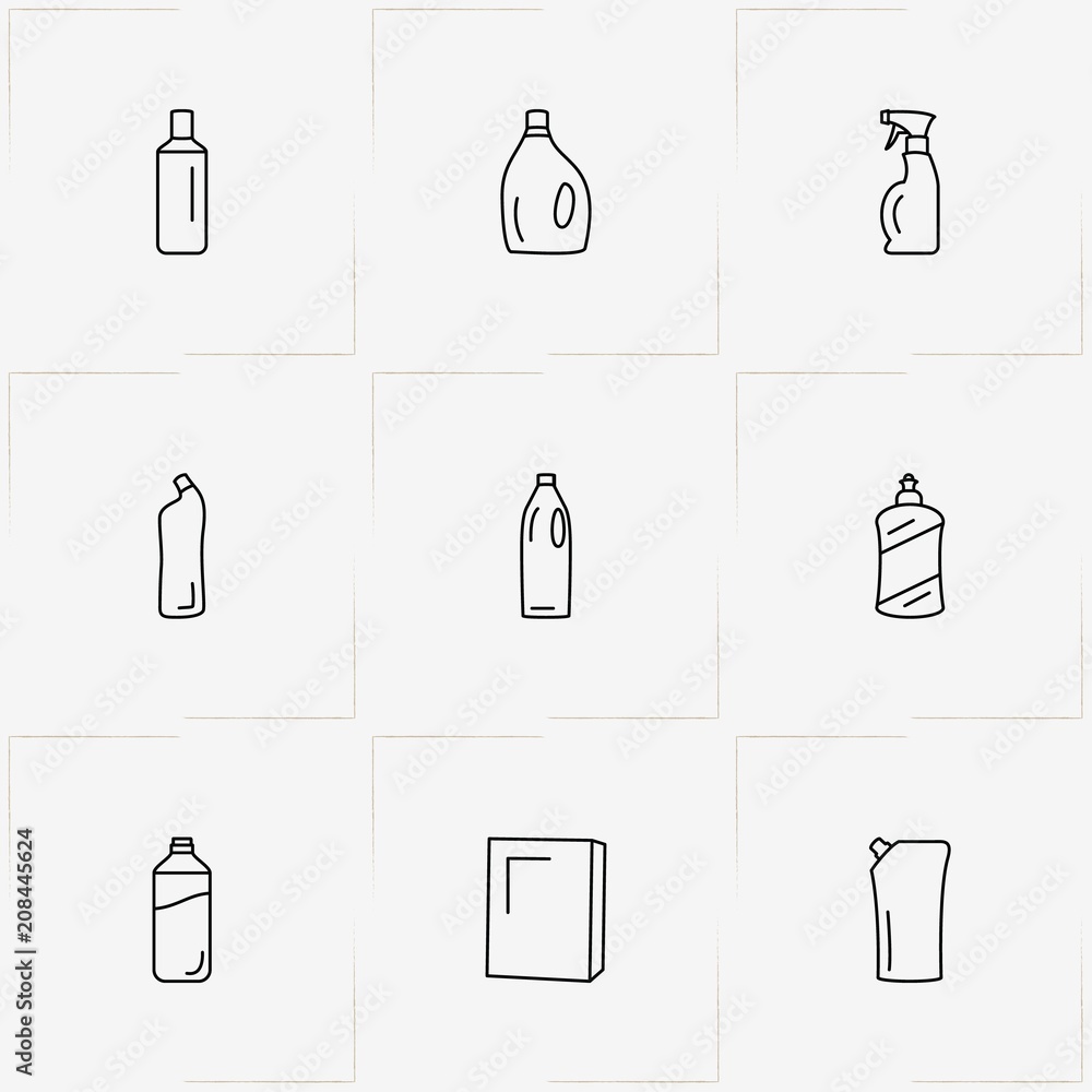 Household Chemicals line icon set with household chemicals and sponge Household Chemicals line icon set with household chemicals and sponge