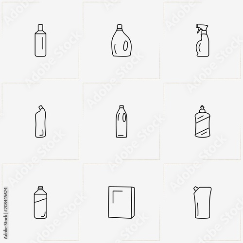 Household Chemicals line icon set with household chemicals and sponge
