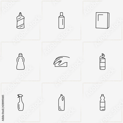 Household Chemicals line icon set with household chemicals and sponge