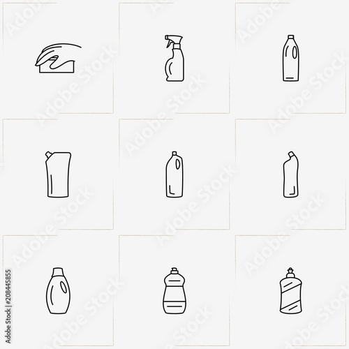 Household Chemicals line icon set with sponge and household chemicals