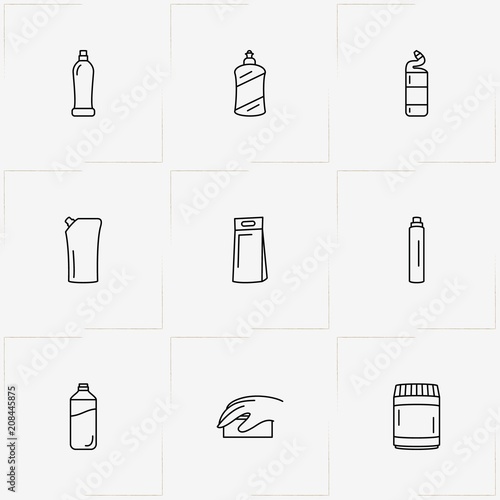 Household Chemicals line icon set with cabinet for chemicals , household chemicals and sponge