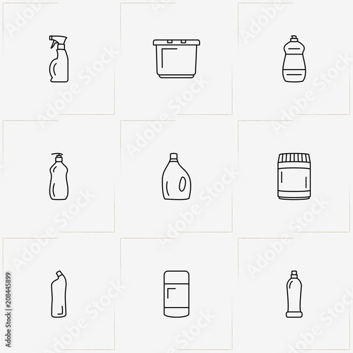 Household Chemicals line icon set with cabinet for chemicals , household chemicals and basin