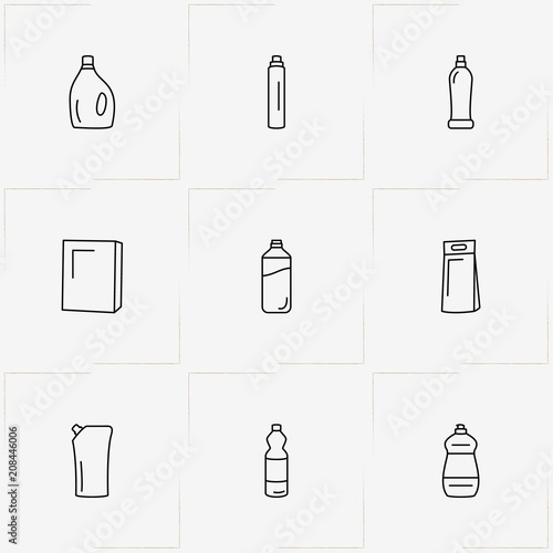Household Chemicals line icon set with household chemicals and sponge