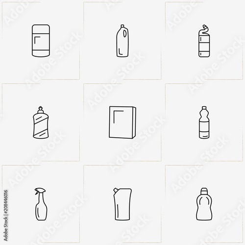 Household Chemicals line icon set with household chemicals and sponge