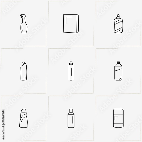 Household Chemicals line icon set with household chemicals and sponge