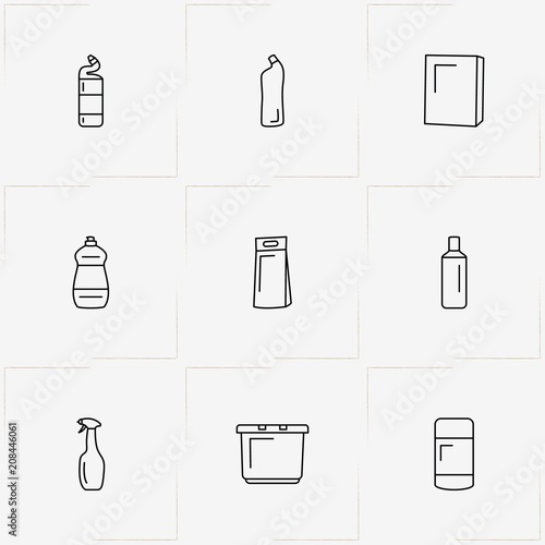 Household Chemicals line icon set with basin, household chemicals and sponge