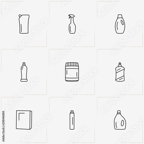 Household Chemicals line icon set with cabinet for chemicals , household chemicals and sponge