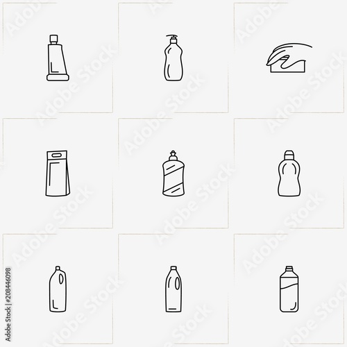 Household Chemicals line icon set with household chemicals and sponge