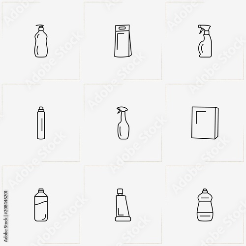 Household Chemicals line icon set with household chemicals and sponge