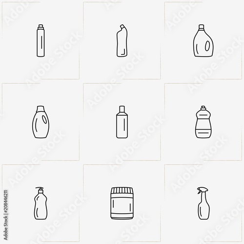 Household Chemicals line icon set with cabinet for chemicals  and household chemicals