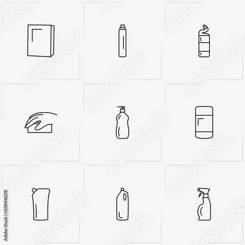 Household Chemicals line icon set with sponge and household chemicals