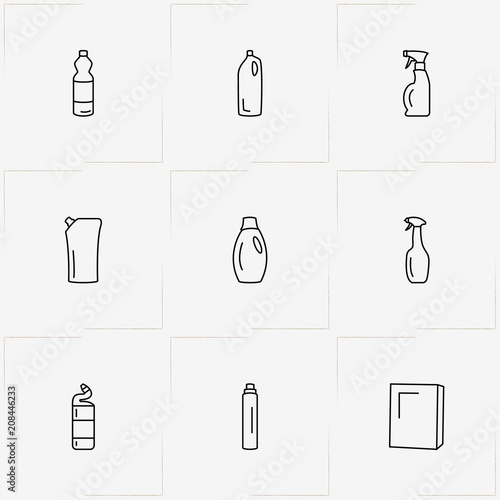 Household Chemicals line icon set with household chemicals and sponge