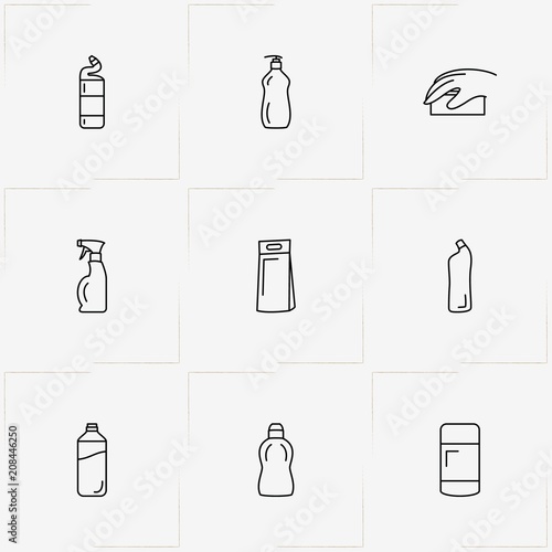 Household Chemicals line icon set with household chemicals and sponge