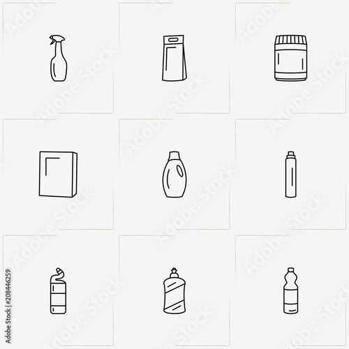 Household Chemicals line icon set with sponge, cabinet for chemicals  and household chemicals