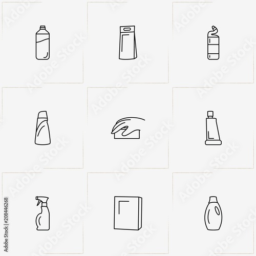 Household Chemicals line icon set with household chemicals and sponge