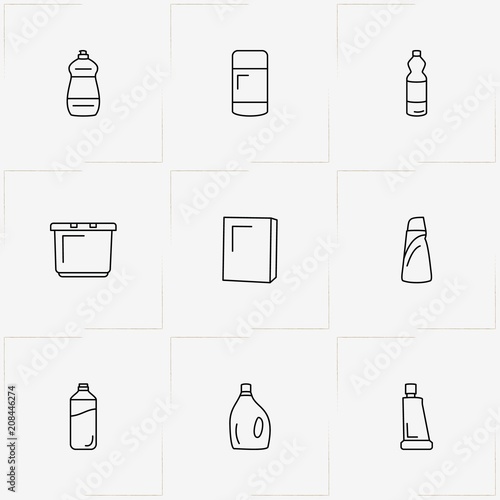 Household Chemicals line icon set with household chemicals, basin and sponge