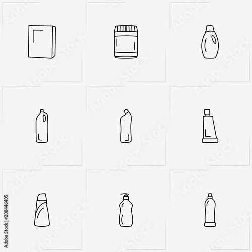 Household Chemicals line icon set with sponge, household chemicals and cabinet for chemicals