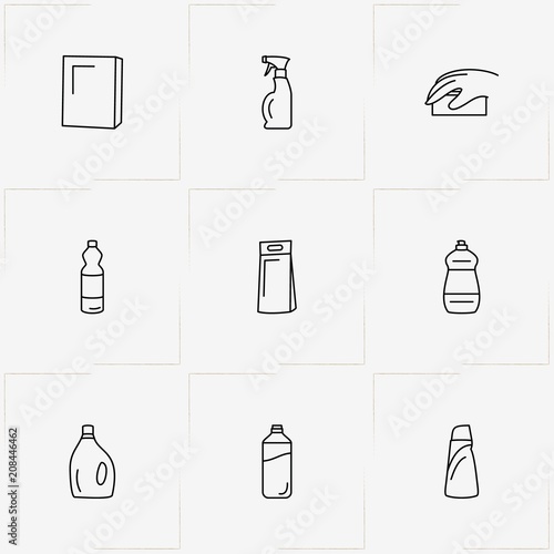 Household Chemicals line icon set with household chemicals and sponge