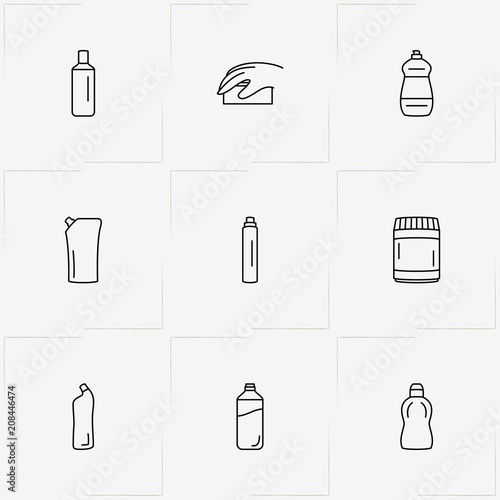 Household Chemicals line icon set with cabinet for chemicals , sponge and household chemicals