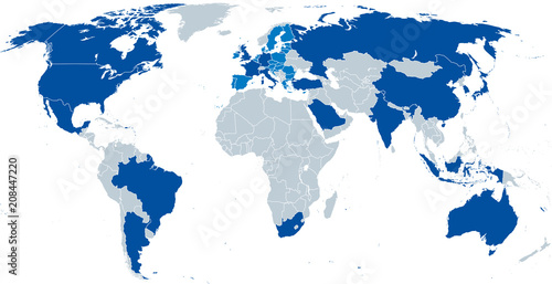 G20  Group of Twenty  map. Forum to discuss the promotion of international financial stability. 19 individual countries  dark blue  and European Union  not individually represented  light blue. Vector