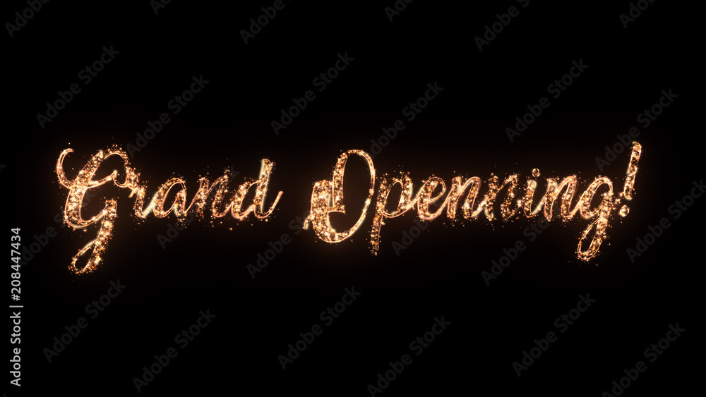 Grand Opening greeting text with particles and sparks isolated on black background, beautiful typography magic design.