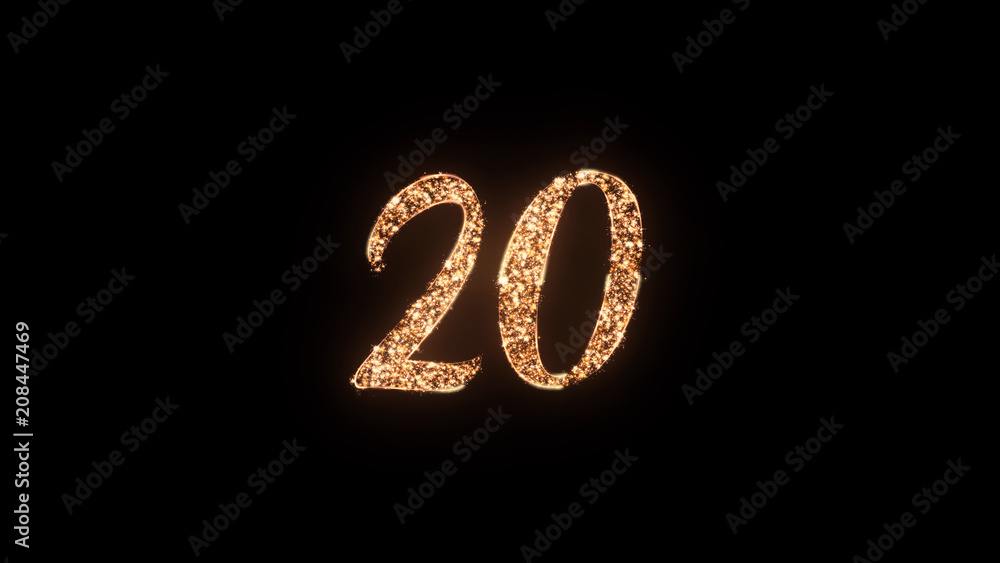 Letter 20 greeting text with particles and sparks isolated on black background, beautiful typography magic design. Letter 20 greeting text with particles and sparks isolated on black background, beautiful typography magic design.