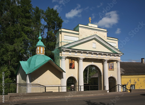 Main gate at Tikhvin Assumption Monastery in Tikhvin. Leningrad oblast. Russia