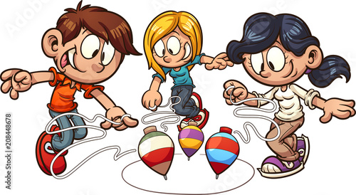 Cartoon kids playing spinning top. Vector clip art illustration with simple gradients. Some elements on separate layers. 