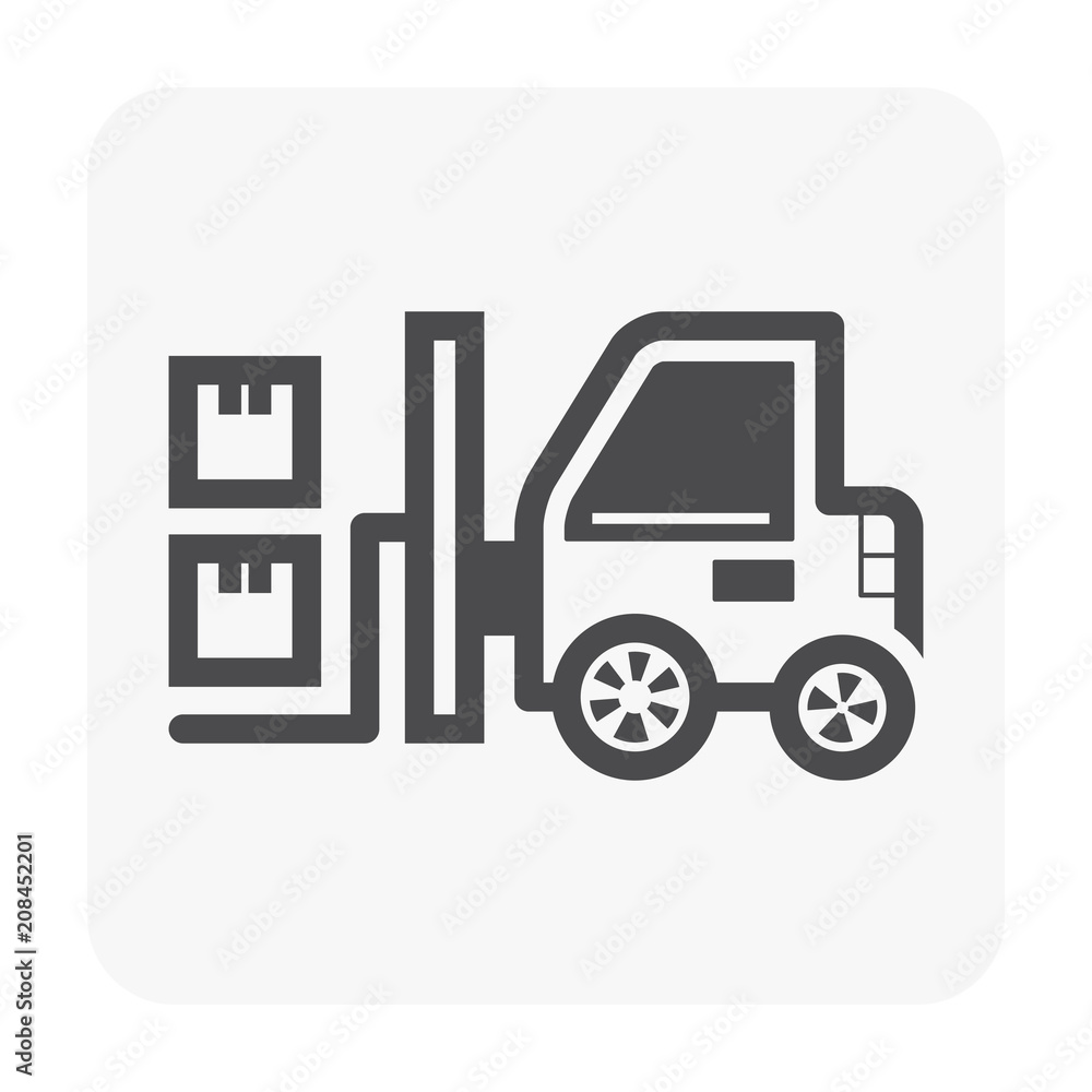 Forklift vector icon. May called fork truck or lift truck. Elevator machine equipment or vehicle for heavy industrial work at storage, port, warehouse and factory by lift up, raise and delivery cargo. Forklift vector icon. May called fork truck or lift truck. Elevator machine equipment or vehicle for heavy industrial work at storage, port, warehouse and factory by lift up, raise and delivery cargo.