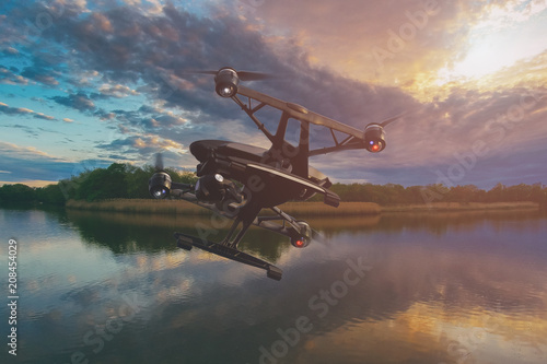 A drone flying over lake at sunset with colourful sky full of clouds