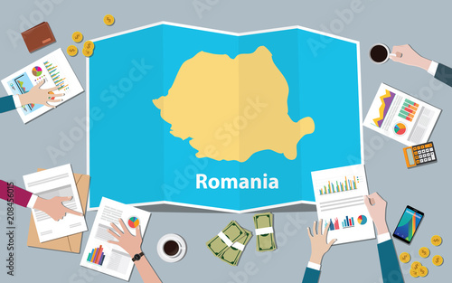 romania economy country growth nation team discuss with fold maps view from top