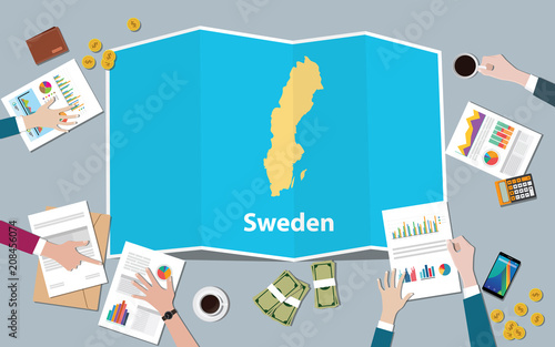 sweden economy country growth nation team discuss with fold maps view from top