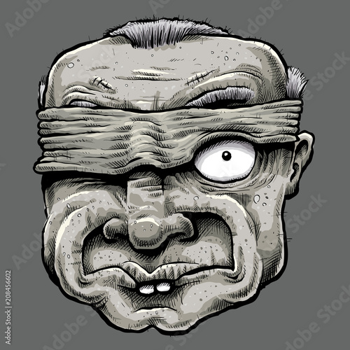 A worn, rugged and creepy man's face peeking out from behind a wrinkled blindfold with a single eye.
