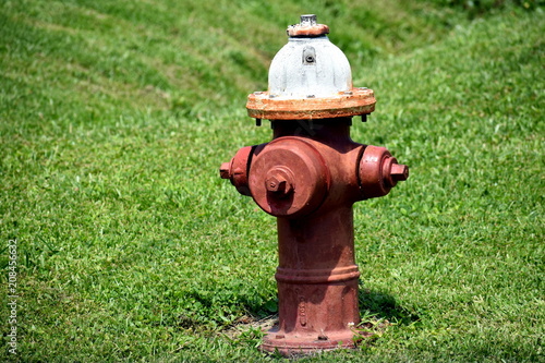 Red fire hydrant with white cap and some rust