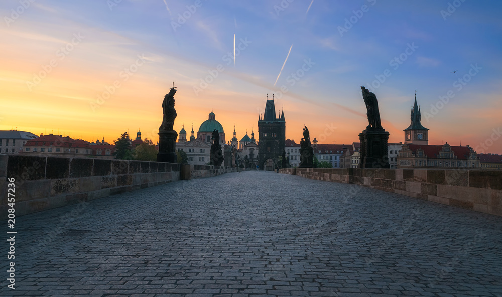 Charles' bridge with beautiful morning light at Prague, Czech.