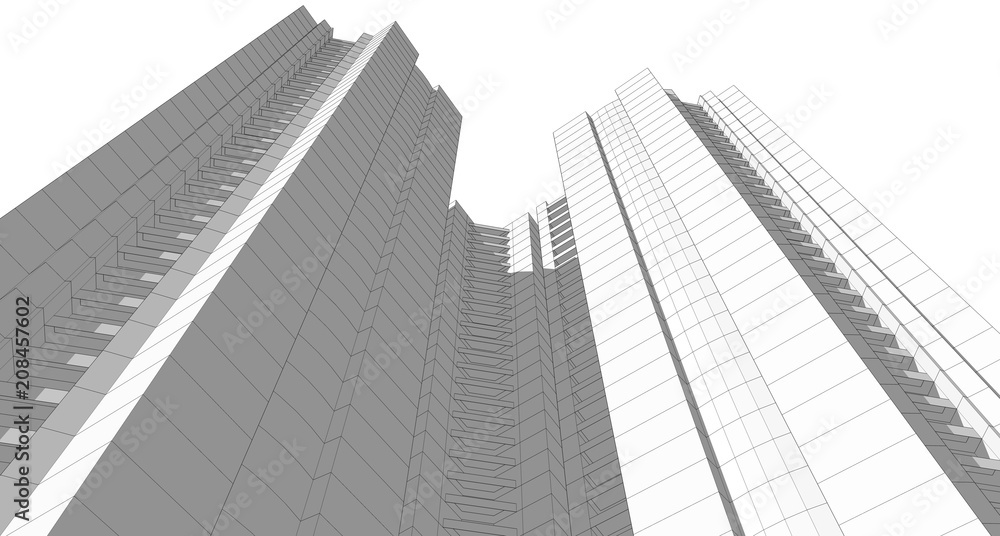 Abstract 3D building wireframe structure. Illustration construction graphic idea , Architectural sketch idea.