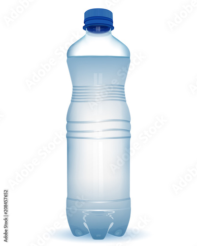 Realistic plastic bottle with water with close blue cap on white background